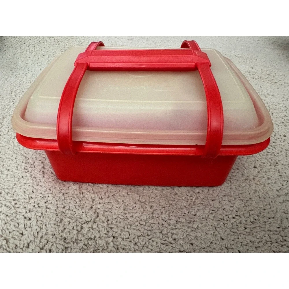 Vintage Tupperware Red Picnic Lunch Set Carrier with Lids and Cups 6 Piece